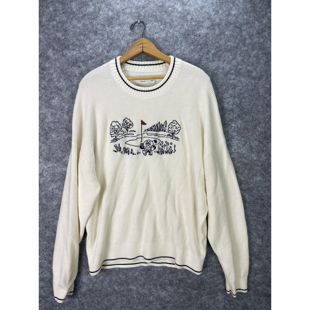 Hollister Sweater Mens Teens XL White Golf Graphic Waffle Knit Boxy Fit Pullover